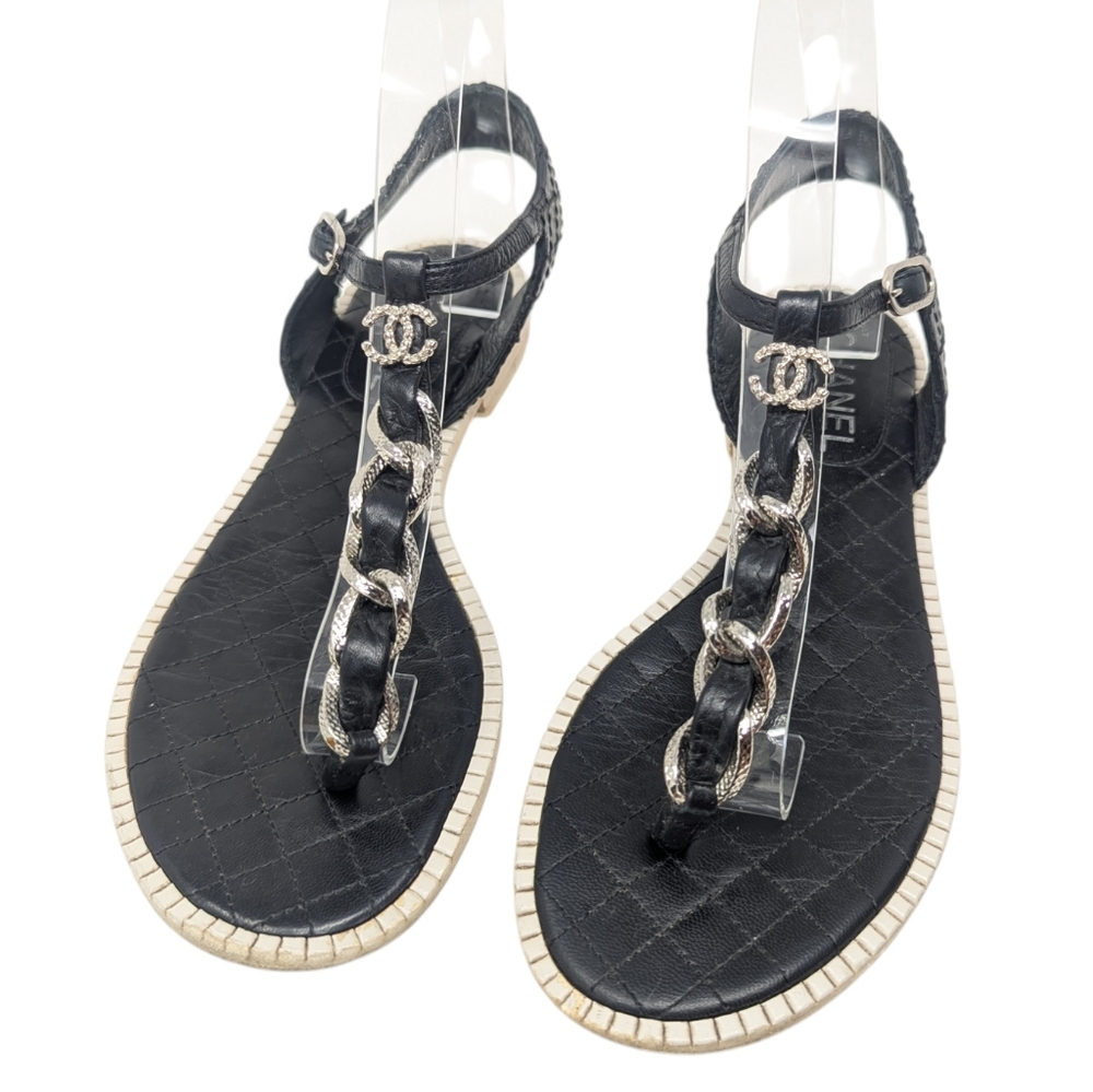 Chanel T-Strap Interlocking CC Silver Chain Black Quilted Footbed Sandals EU 38